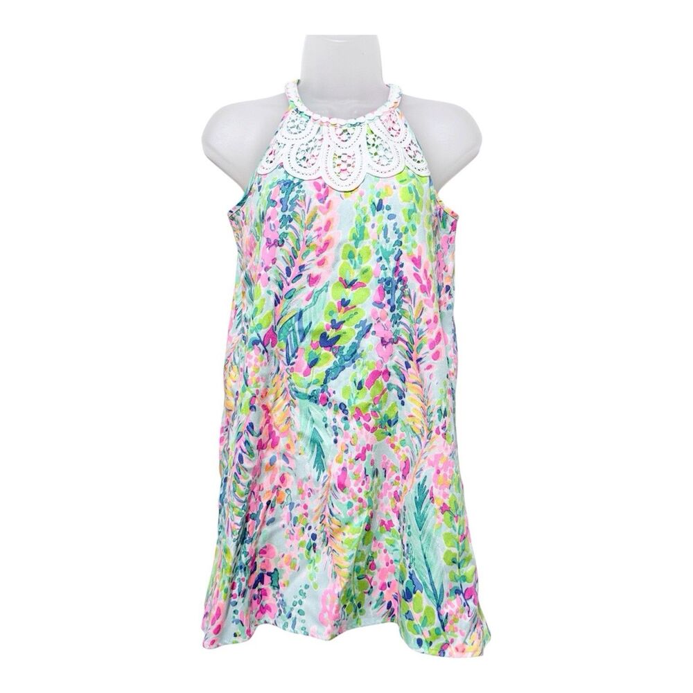 Lilly Pulitzer Girls 14 Floral Shift Dress Crochet Lace Halter Multicolor